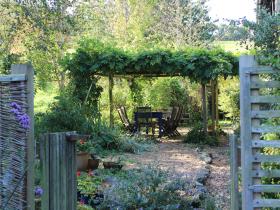 Summer lunches under a shady, vine and wisteria-clad pergola.
