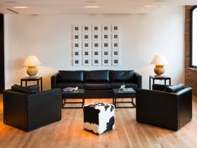 Modern design in the stylish reception lounge at base2stay hotel in Liverpool