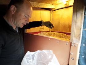 Filling the pellet hopper for the biomass boiler at Fraoch Lodge, Cairngorms