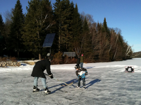 playing hockey and skating on the lake. (Jan - March)