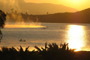 Morning mist, Lake shore hotel in Madagascar