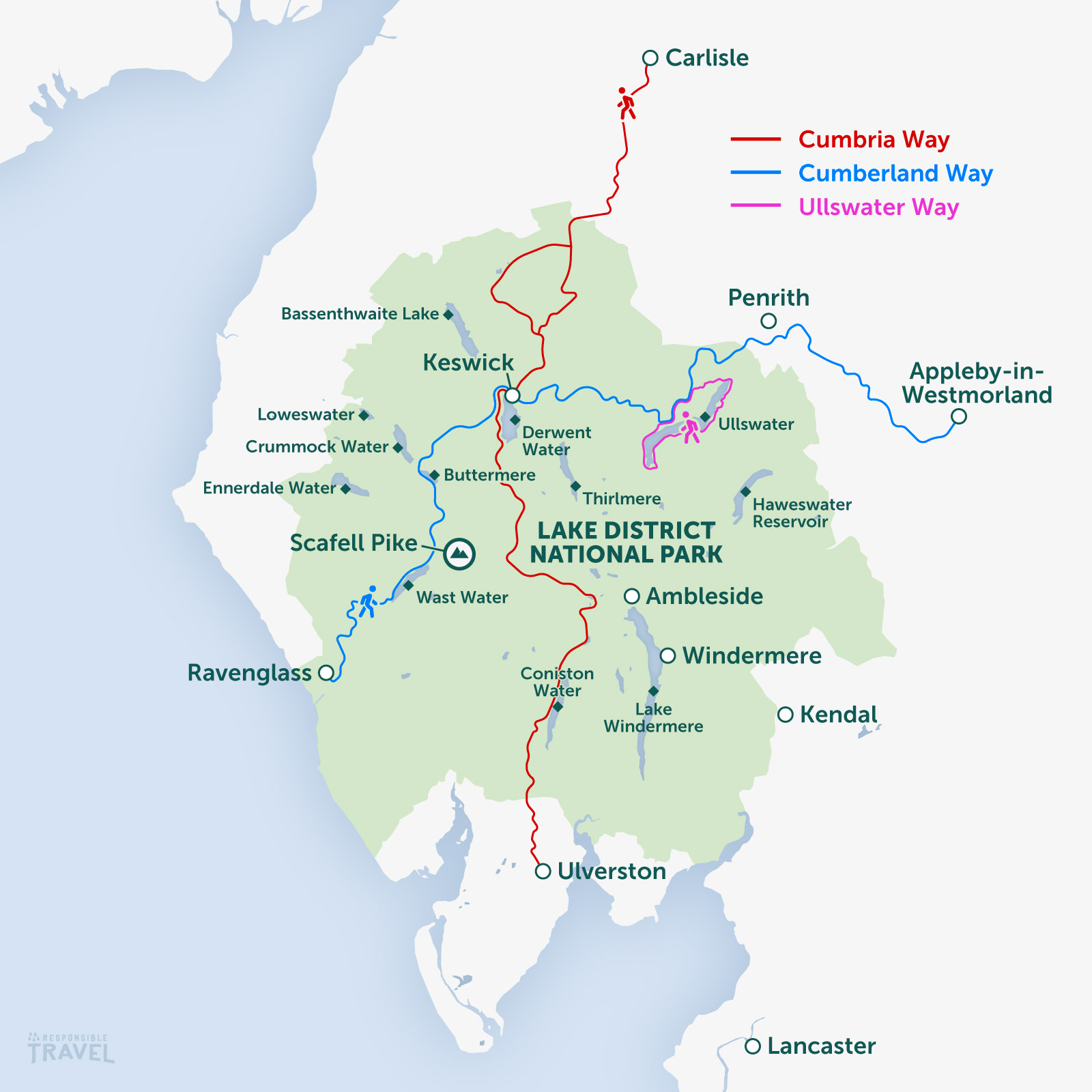 Lake District, England walking routes map: Cumbria Way, Cumberland Way, Ullswater Way