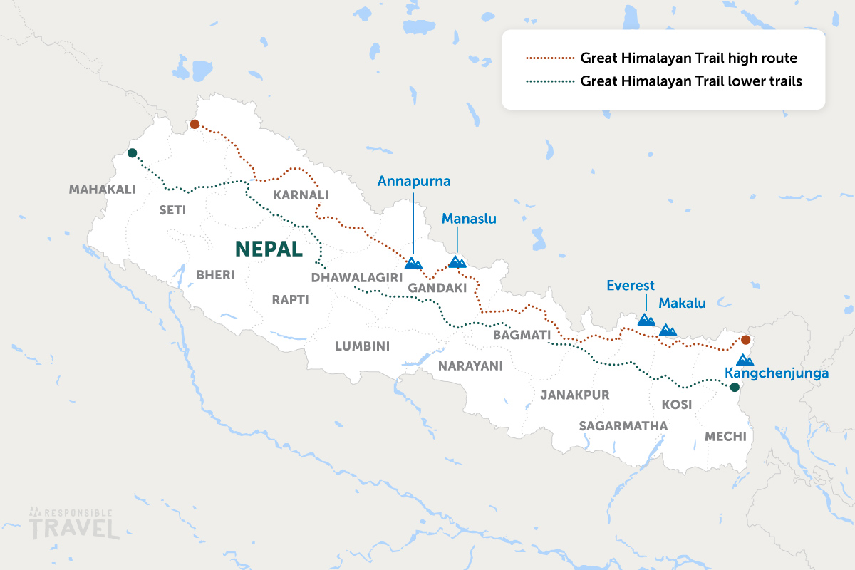 The Great Himalayan Trail map: High and Low routes