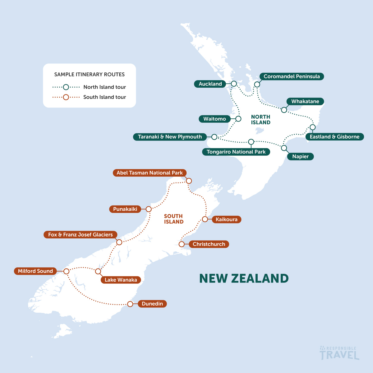 New Zealand self drive route map: North and South Island