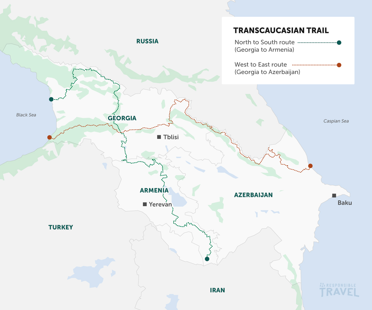 Transcaucasian Trail route map: North to South route & West to East route