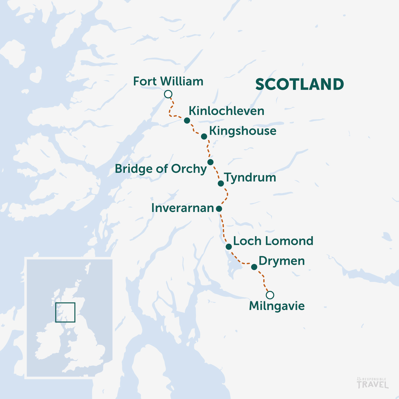 West Highland Way Map, Scotland: showing the route from Milngavie in Glasgow to Fort William