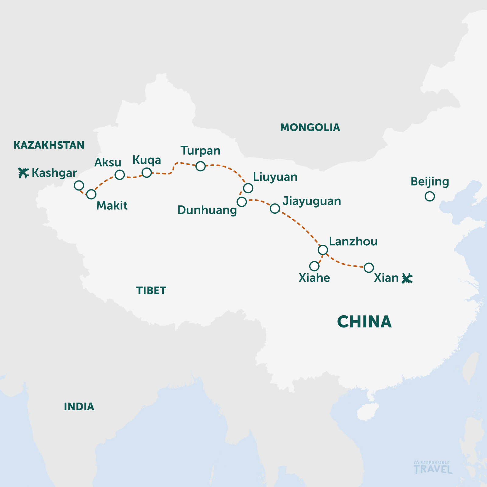 China Silk Road map: from Xian in the east to Kashgar in the west
