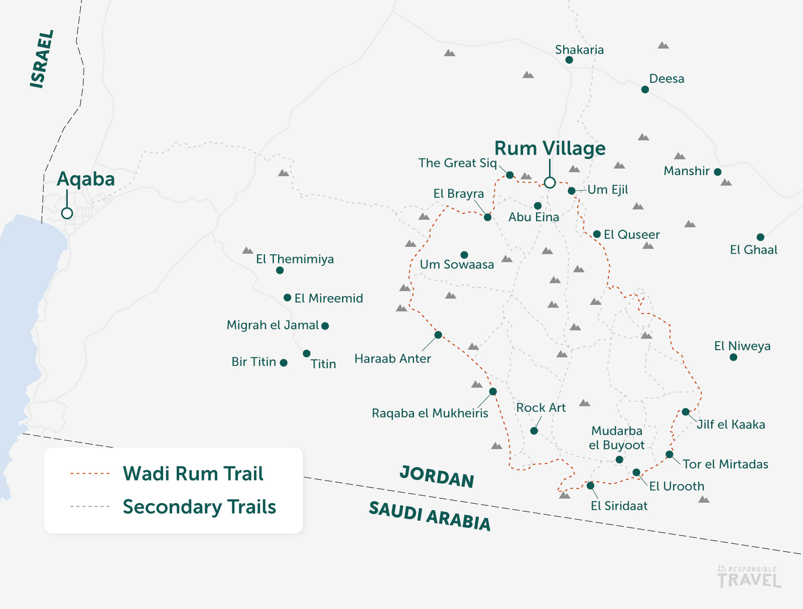Wadi Rum Trail in Jordan map: including secondary trails
