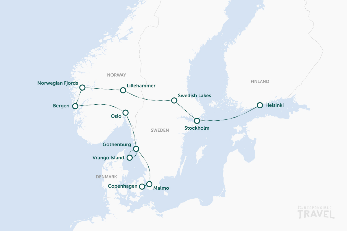 Scandinavia route map from Copenhagen to Helsinki: Denmark, Sweden, Norway and Finland