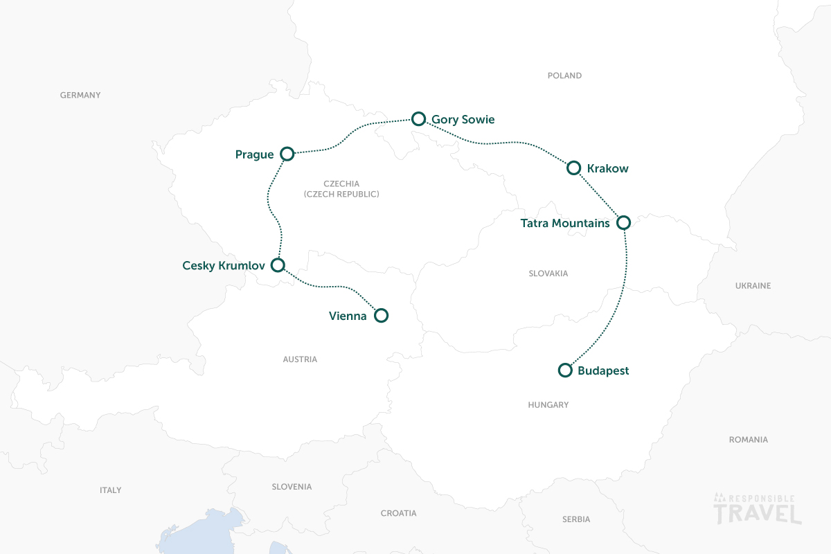 Vienna to Budapest route map: Austria, Czechia (Czech Republic), Poland, Slovakia and Hungary