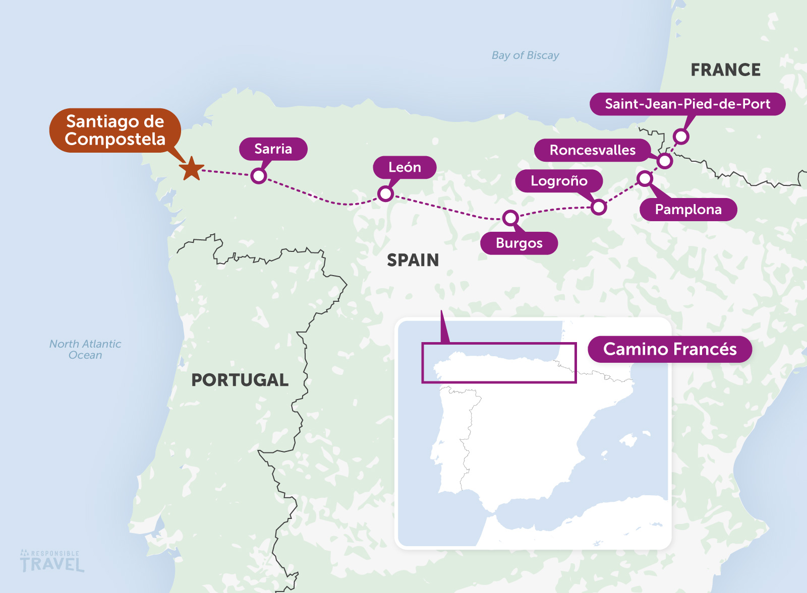 The French Way map, Camino de Santiago