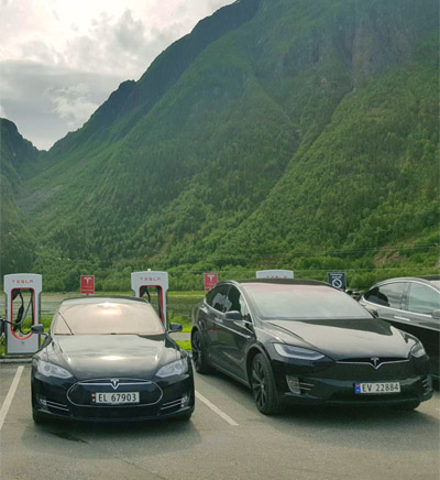 Teslas charging on the mainland
