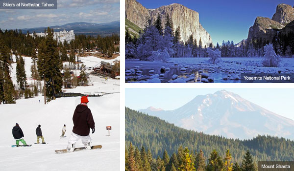 Northstar, Tahoe, Yosemite in winter and Mount Shasta