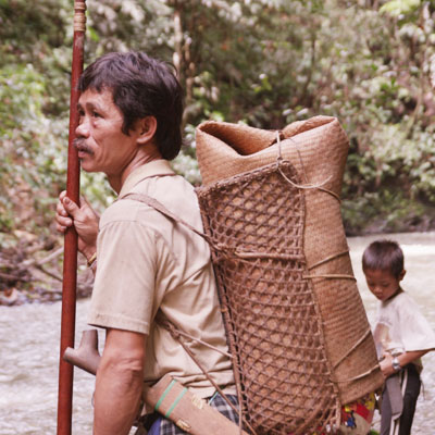 Local Penan man crossing a river