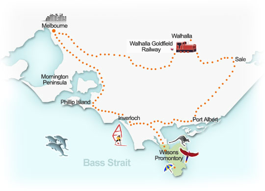 Gippsland touring route map, Victoria. Illustration by Lisa Joanes