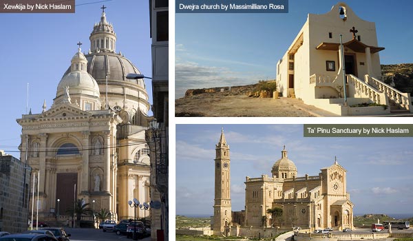 Xewkija, Dwejra and Ta' Pinu churches, Gozo. Photos by Nick Haslam and Massimilliano Rosa