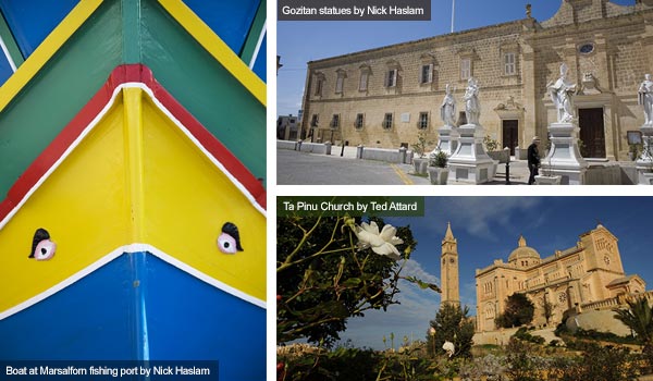 Boat, statues and church, Gozo. Photos by Nick Haslam and Ted Attard