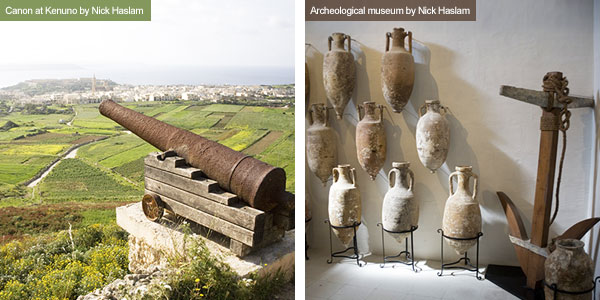 Canon and pottery in archeological museum, Gozo. Photos by Nick Haslam