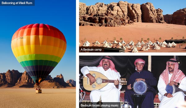 Ballooning, camp and Bedouins enjoying music, Jordan. Photos by Visit Jordan