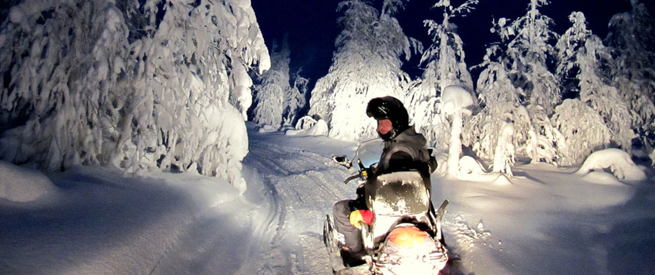 Snowmobile at night, Lapland. Photo by Heather Sunderland