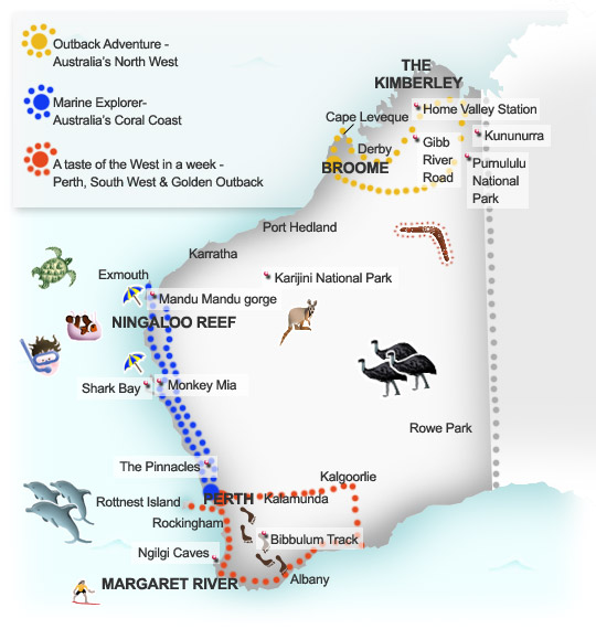 Suggested itineraries map for Western Australia. Illustration by Lisa Joanes