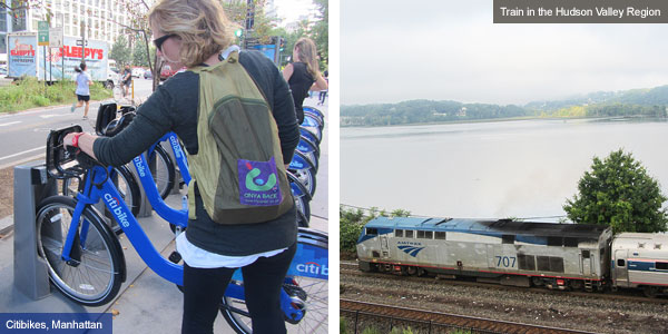 Citibikes in Manahttan and train running through the Hudson Valley Region, New York State. Photos by Catherine Mack