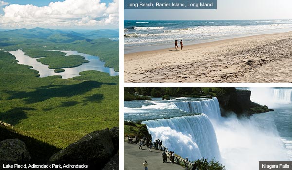 Lake Placid, Long Beach and Niagara Falls, New York State. Photos from New York State Tourist Board