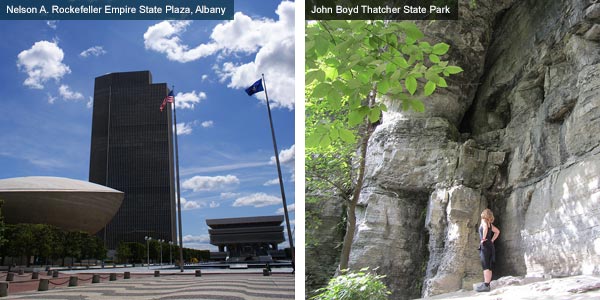 Nelson A. Rockefeller Empire State Plaza, Albany and John Boyd Thatcher State Park, New York State. Photos by New York State Tourist Board and Catherine Mack