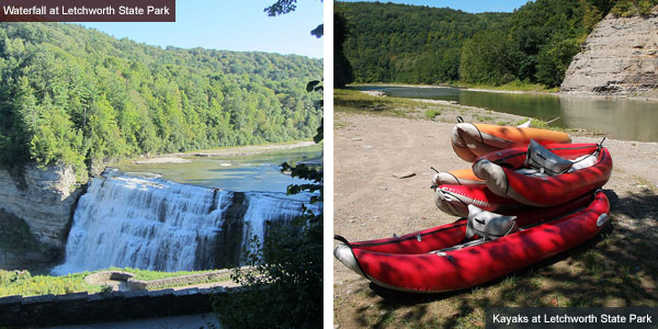 Waterfall and kayaks at Letchworth State Park, New York State. Photos by Catherine Mack