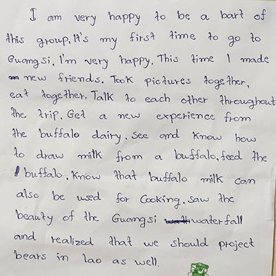 The childrens hand written notes after the trip
