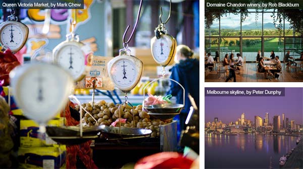 Queen Victoria Market, Domaine Chandon winery and Melbourne skyline, Victoria. Photos from Victoria Tourist Board