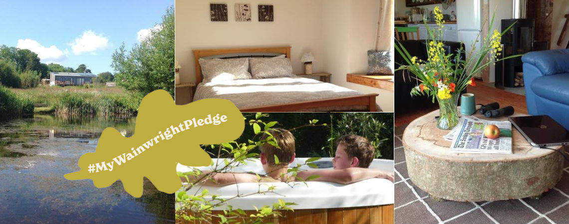 Photos showing a lodge by a pond, a sunny double bedroom, kids in a hot tub, and a seating area with a vase of flowers on a coffee table made from a fallen tree